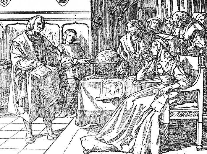 Christopher Columbus explain his plans to Queen Isabella I